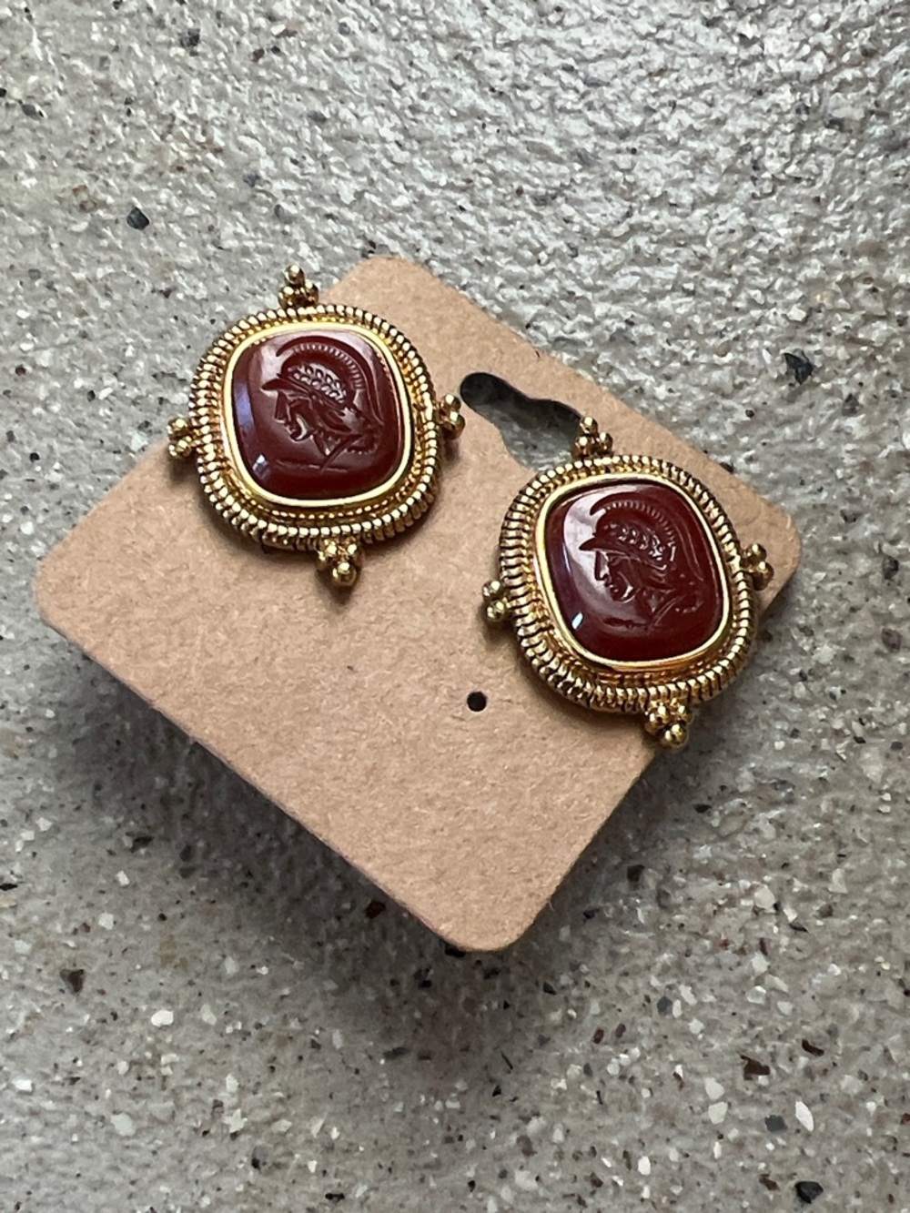 Vintage Gold-Trim Red Cameo Stud clip on  Earrings